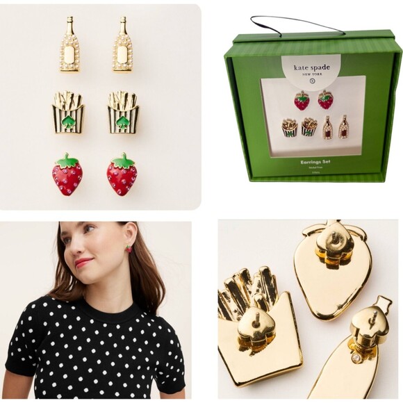 Kate Spade NY Target Stud Earrings Set 3 Pairs Strawberry French Fries Champagne - Picture 2 of 13